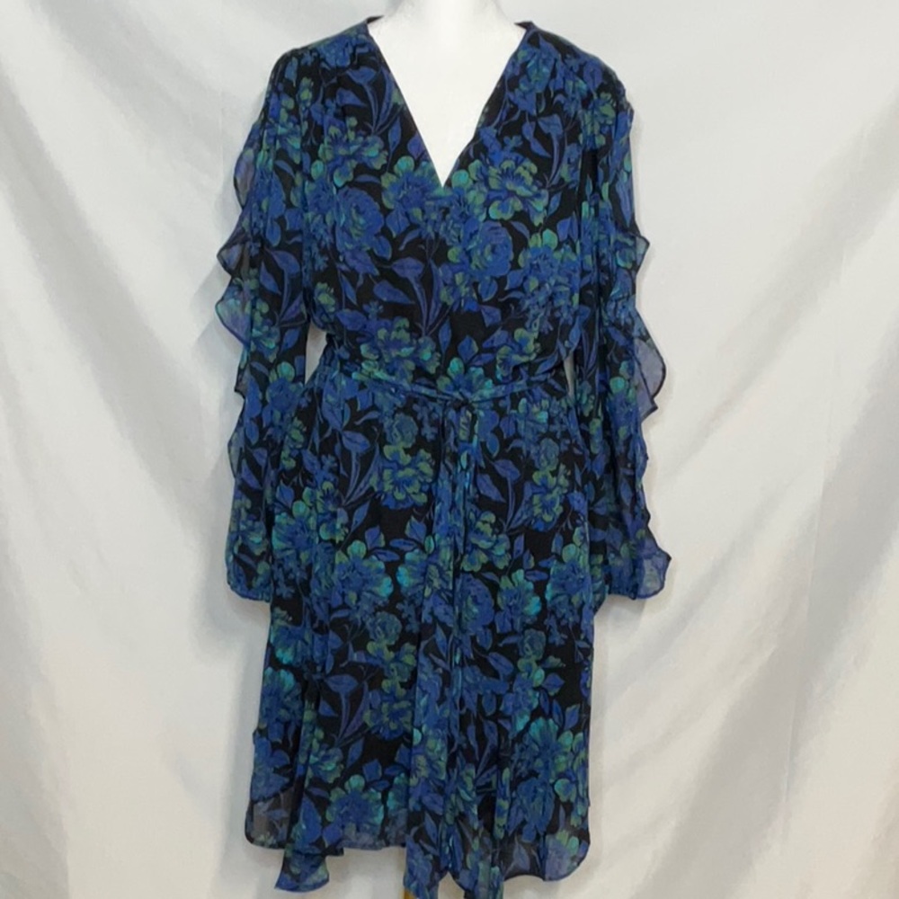 Danny & Nicole Blue and Black Long Ruffle Sleeve V-Neck Dress